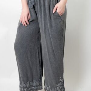 Elegant Charcoal Embroidered Wide-Leg Pants